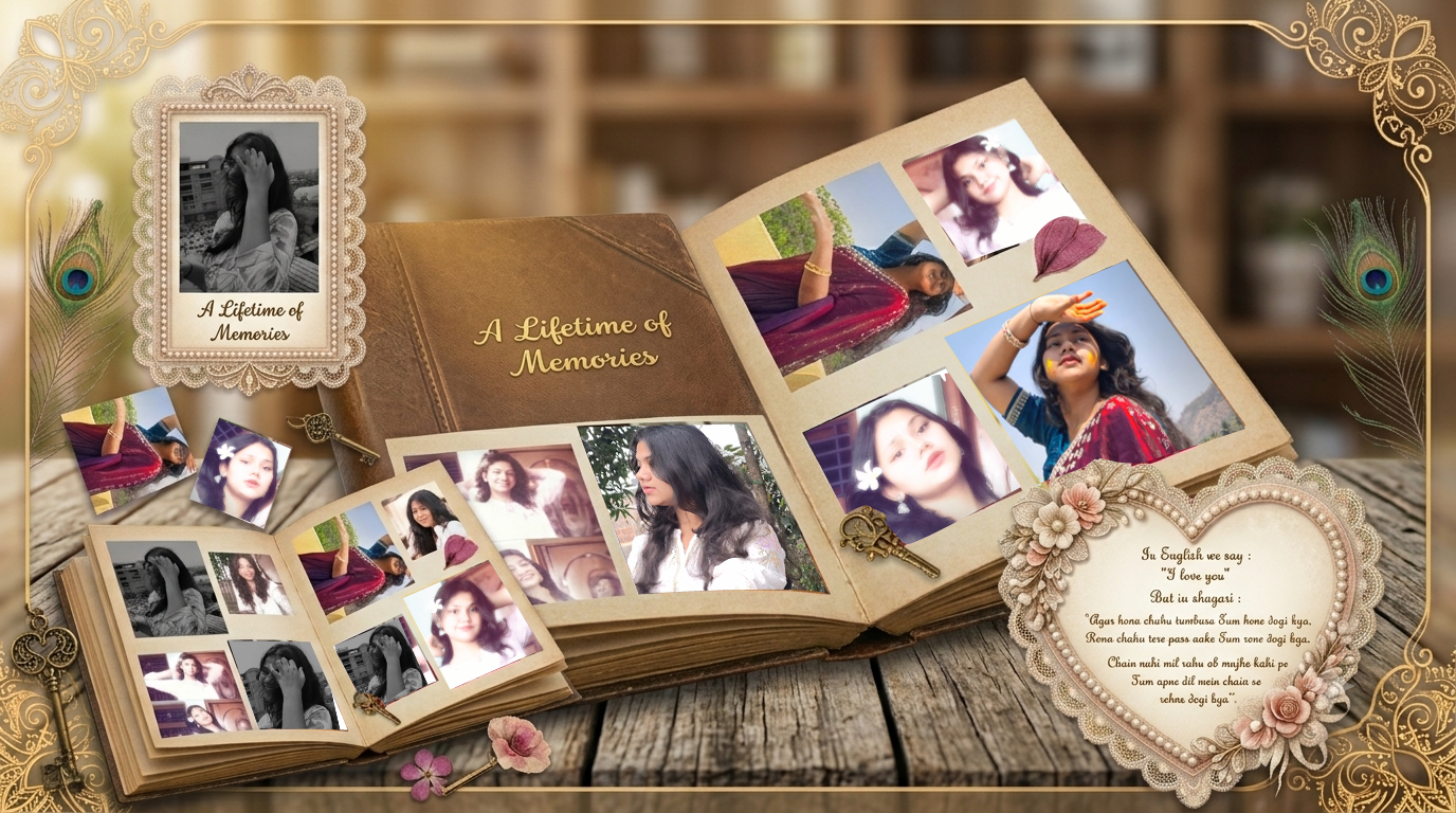 An open vintage scrapbook filled with photographs, framed by ornate golden details and a handwritten love note.